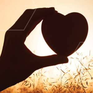 Picture hand holding heart up to the sun with grass in background