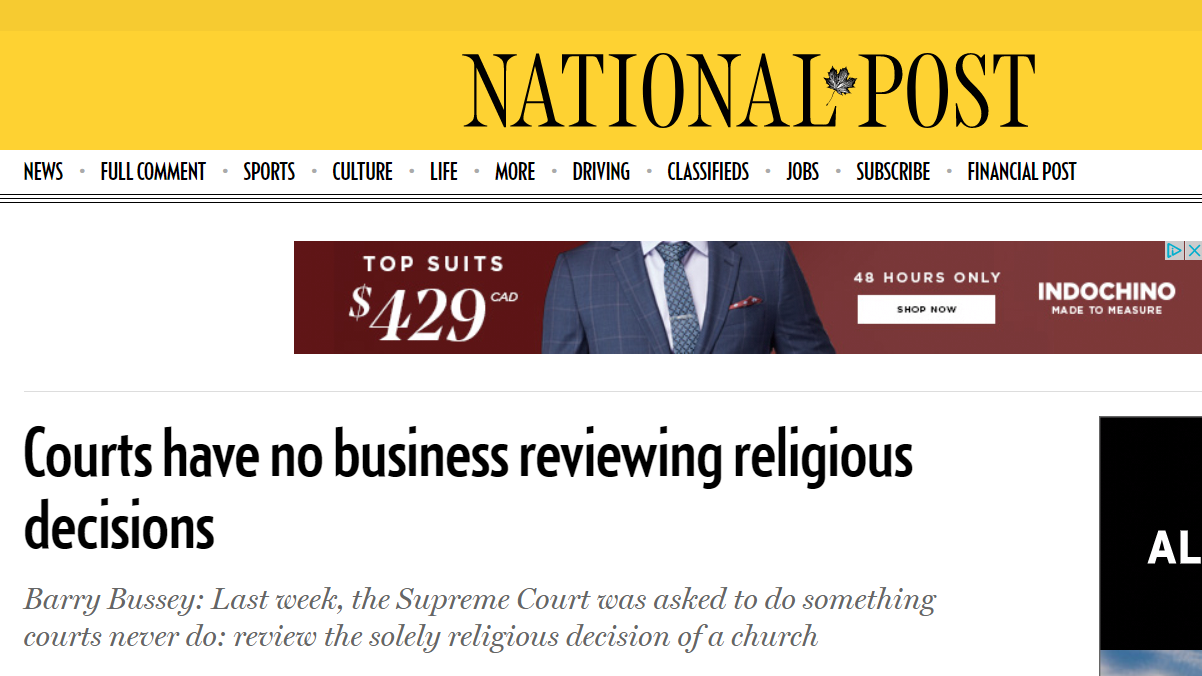 Bussey – National Post Op-Ed:  Courts have no business reviewing religious decisions