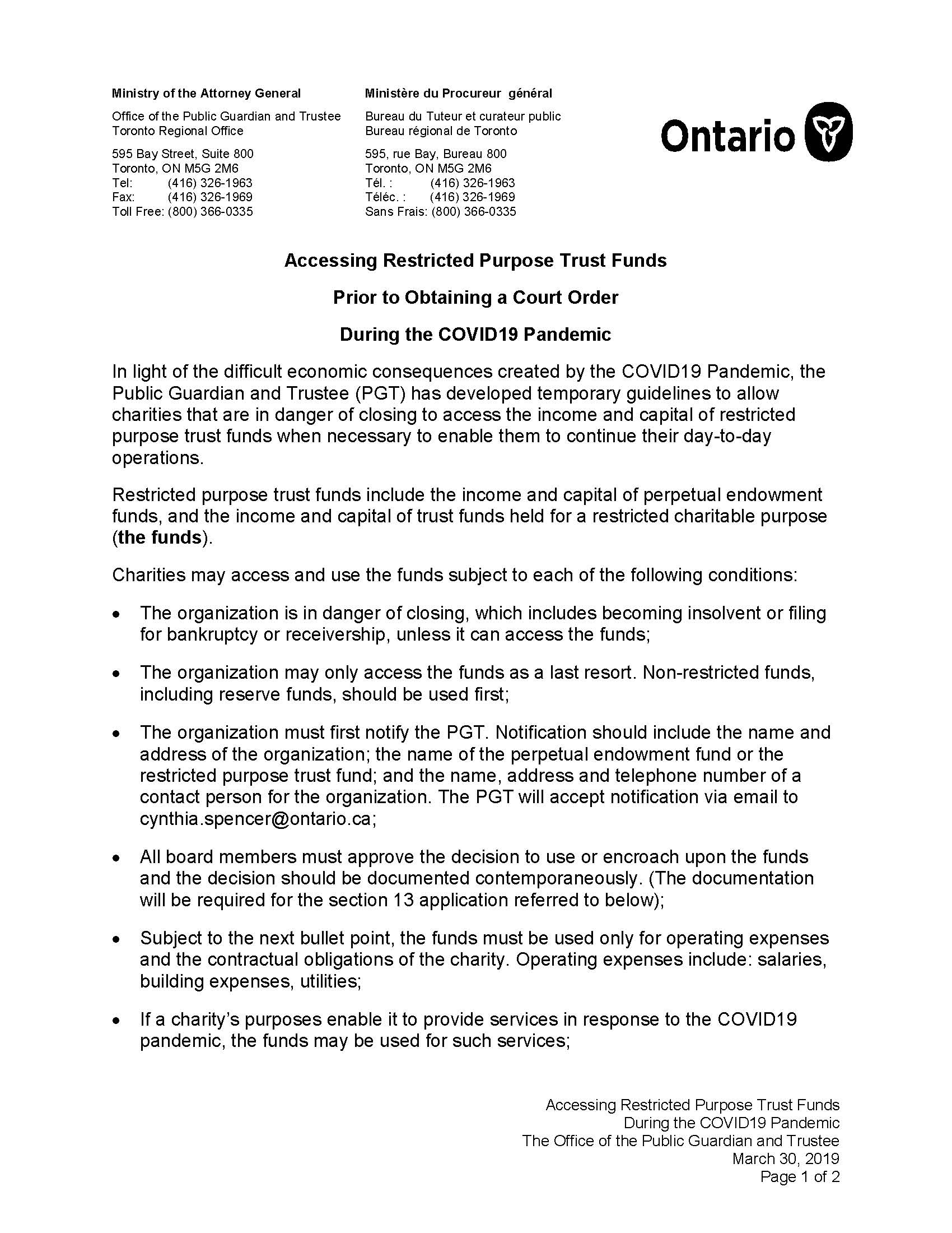 COVID-19: Ontario PGT Allows Charities to Access Restricted Funds